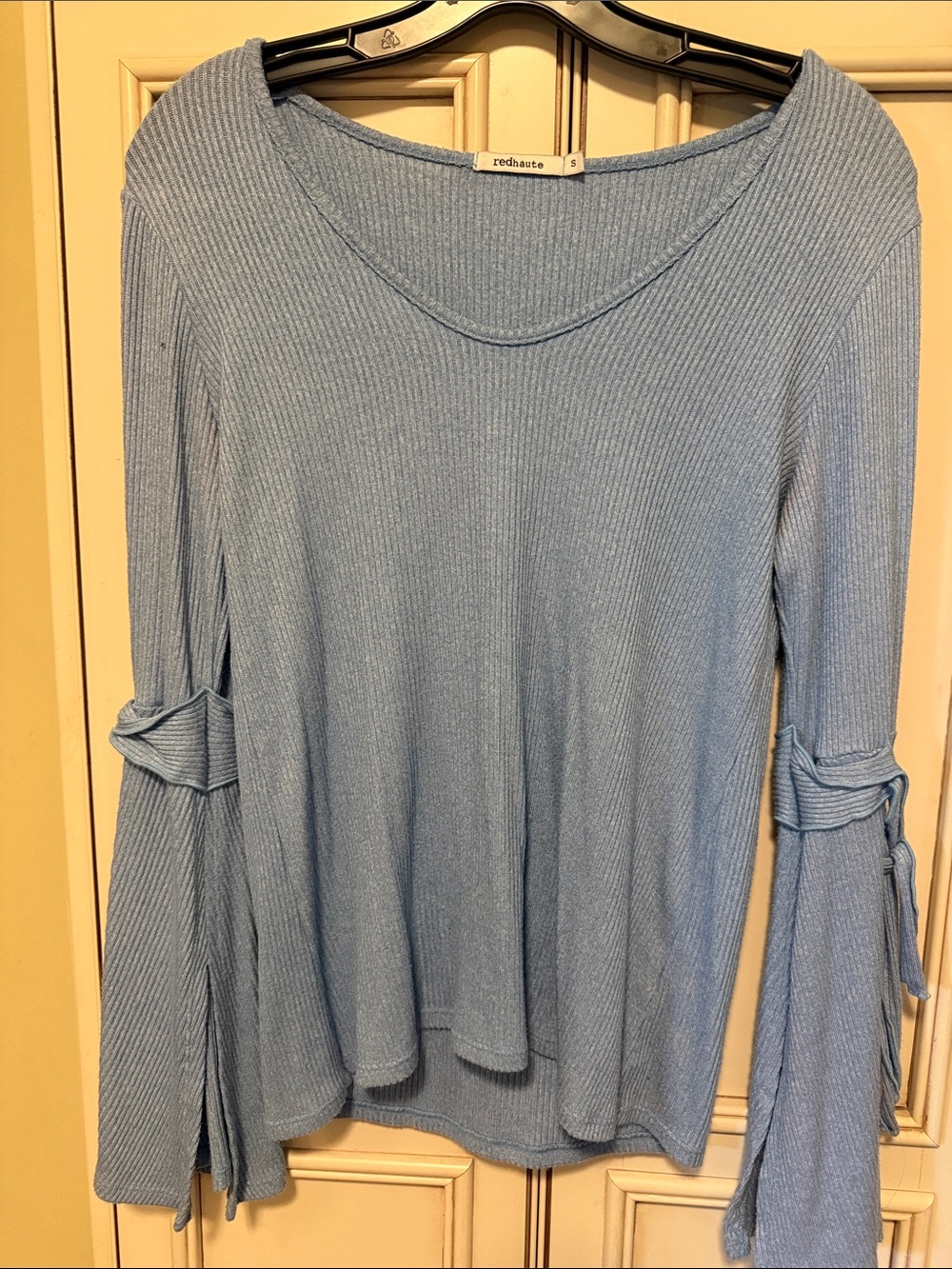 Red Haute Light Blue Ribbed V-Neck Long Sleeve Top with Tie Sleeves
